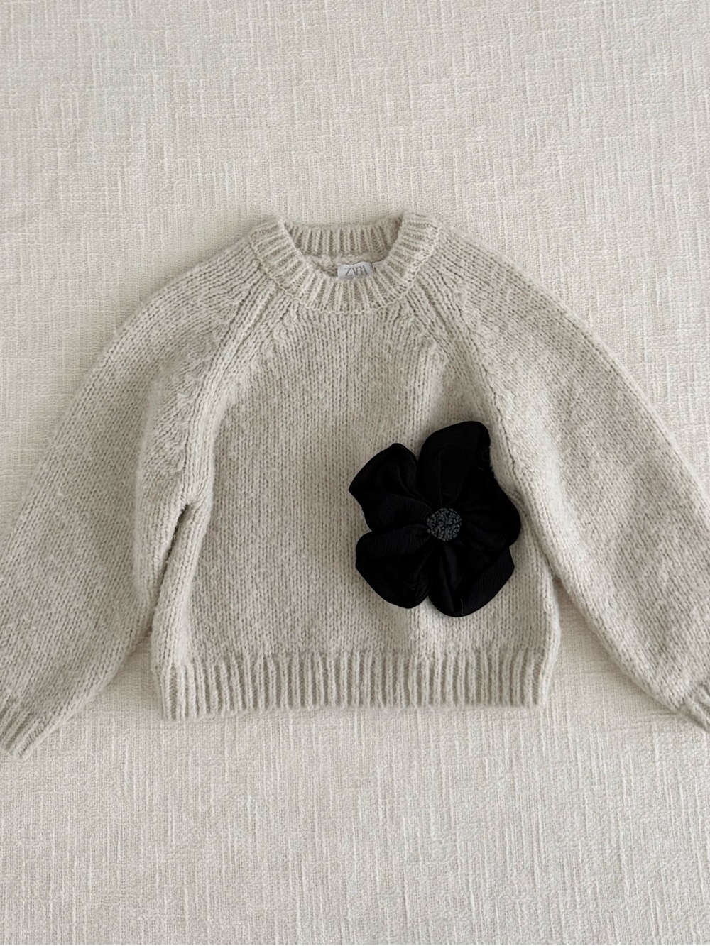 Zara Cream Knit Sweater with Black Flower Applique